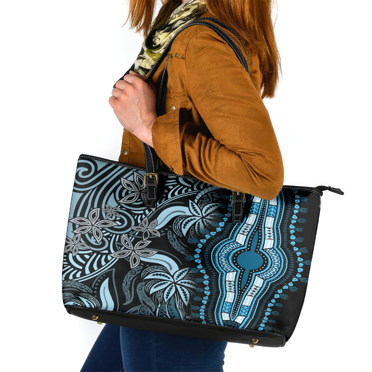 Polynesia Dashiki Leather Tote Bag Polynesia and Africa Traditional Special Together Blue - Wonder Print Shop