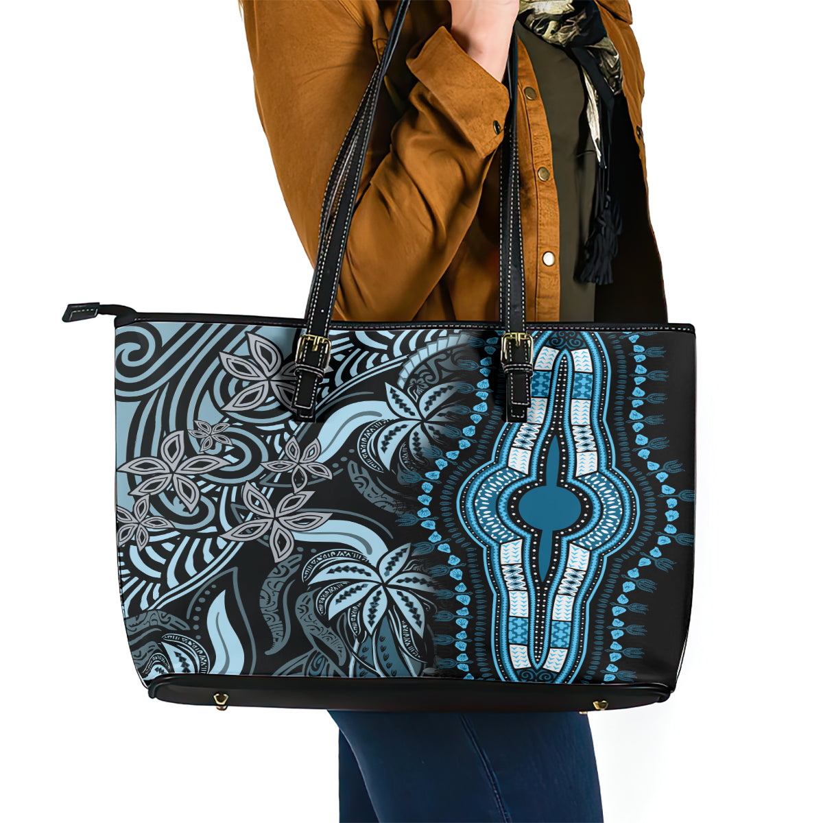 Polynesia Dashiki Leather Tote Bag Polynesia and Africa Traditional Special Together Blue - Wonder Print Shop