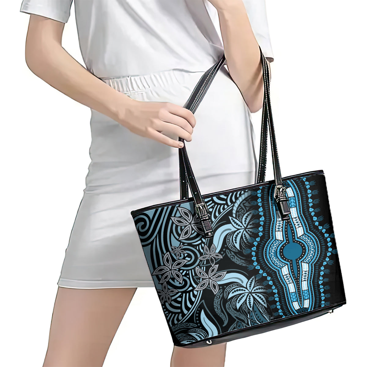 Polynesia Dashiki Leather Tote Bag Polynesia and Africa Traditional Special Together Blue - Wonder Print Shop