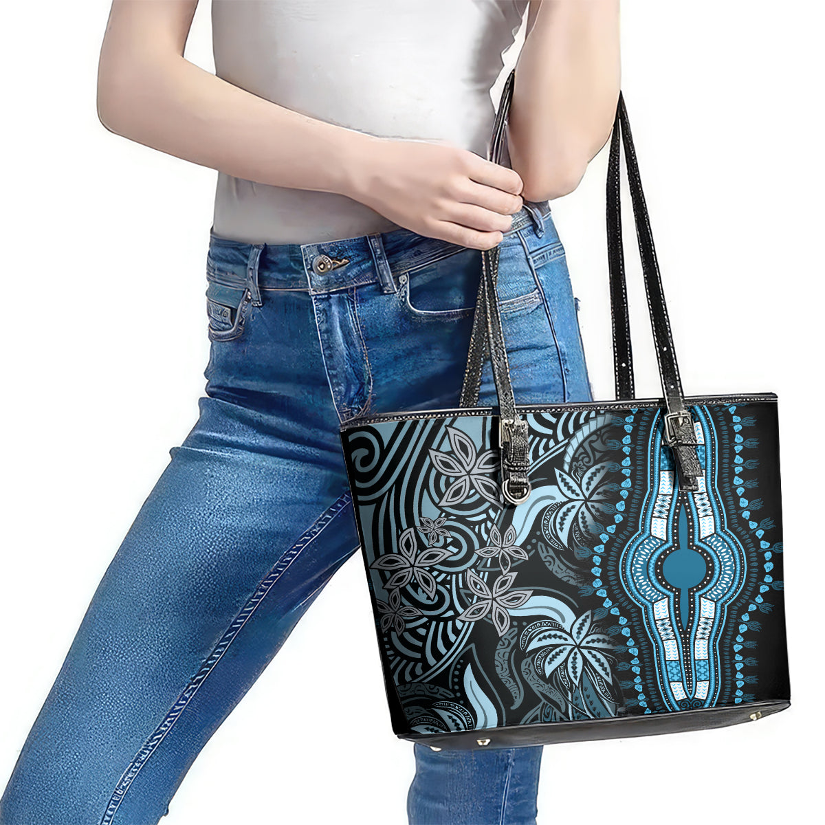 Polynesia Dashiki Leather Tote Bag Polynesia and Africa Traditional Special Together Blue - Wonder Print Shop