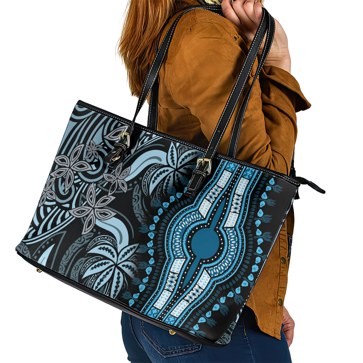 Polynesia Dashiki Leather Tote Bag Polynesia and Africa Traditional Special Together Blue - Wonder Print Shop