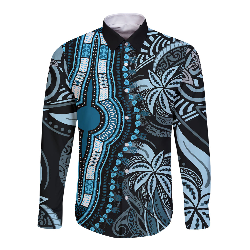 Polynesia Dashiki Long Sleeve Button Shirt Polynesia and Africa Traditional Special Together Blue - Wonder Print Shop