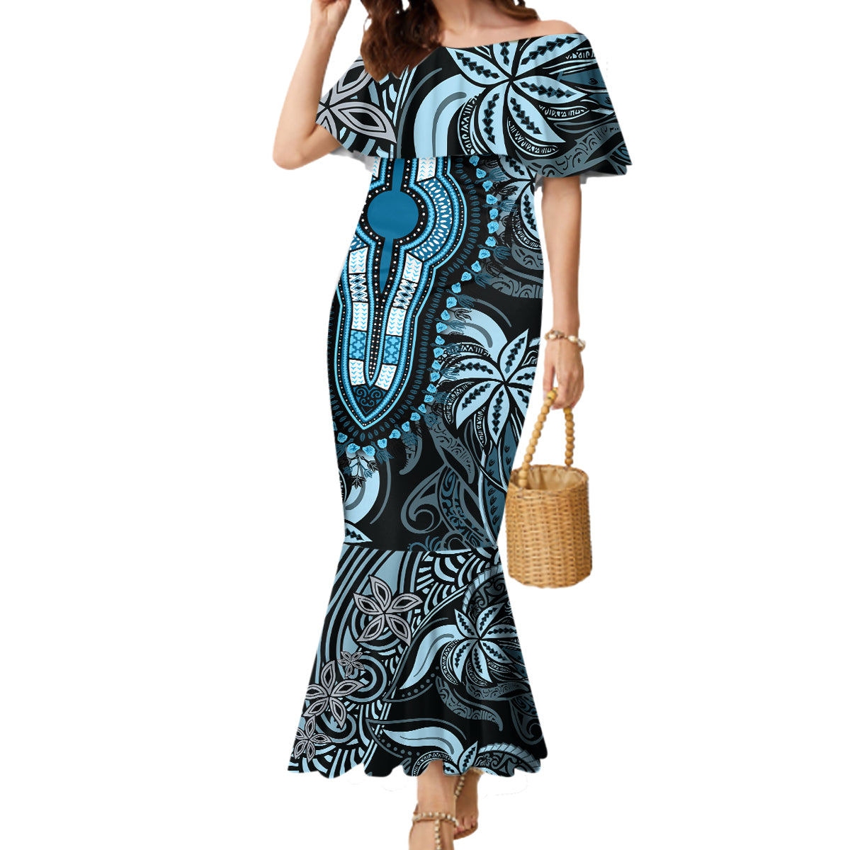 Polynesia Dashiki Mermaid Dress Polynesia and Africa Traditional Special Together Blue - Wonder Print Shop