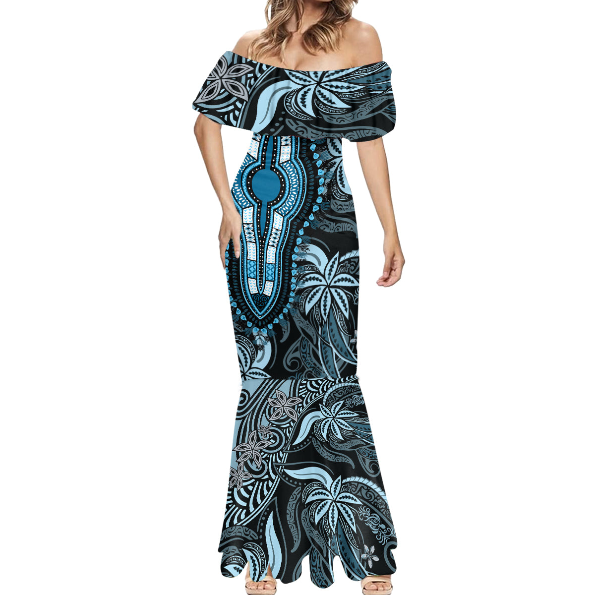 Polynesia Dashiki Mermaid Dress Polynesia and Africa Traditional Special Together Blue - Wonder Print Shop