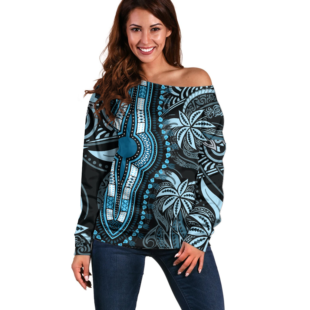 Polynesia Dashiki Off Shoulder Sweater Polynesia and Africa Traditional Special Together Blue - Wonder Print Shop