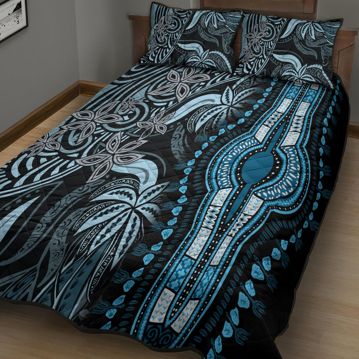 Polynesia Dashiki Quilt Bed Set Polynesia and Africa Traditional Special Together Blue - Wonder Print Shop