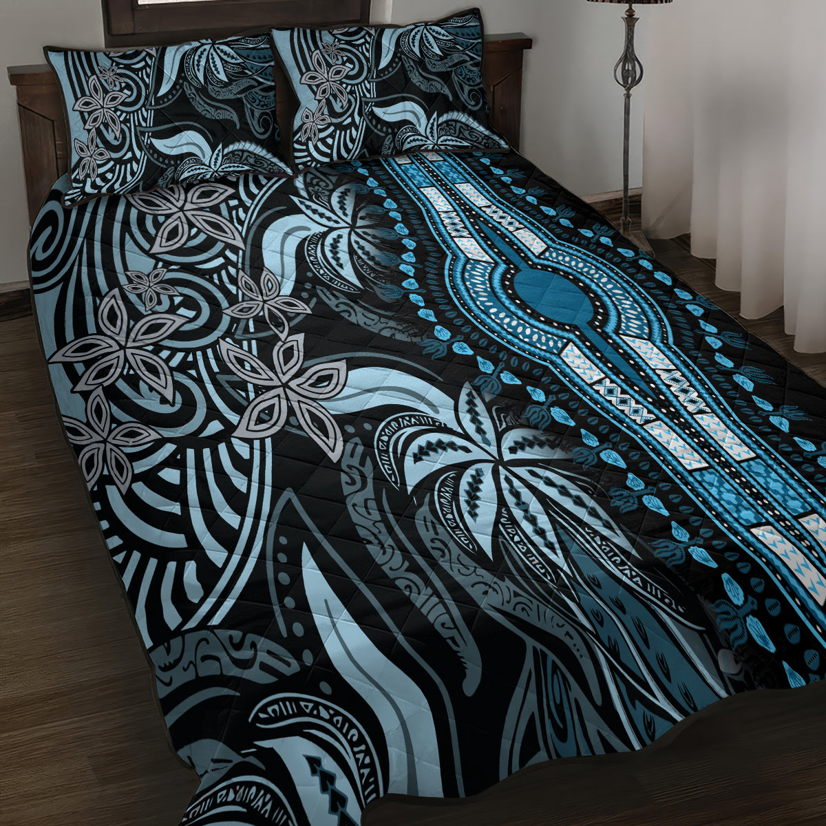 Polynesia Dashiki Quilt Bed Set Polynesia and Africa Traditional Special Together Blue - Wonder Print Shop