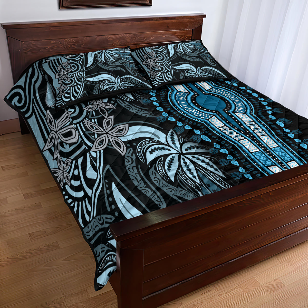 Polynesia Dashiki Quilt Bed Set Polynesia and Africa Traditional Special Together Blue - Wonder Print Shop