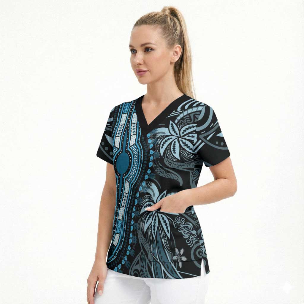 Polynesia Mixed African Dashiki Scrub Top Afro-pacific Culture - Blue