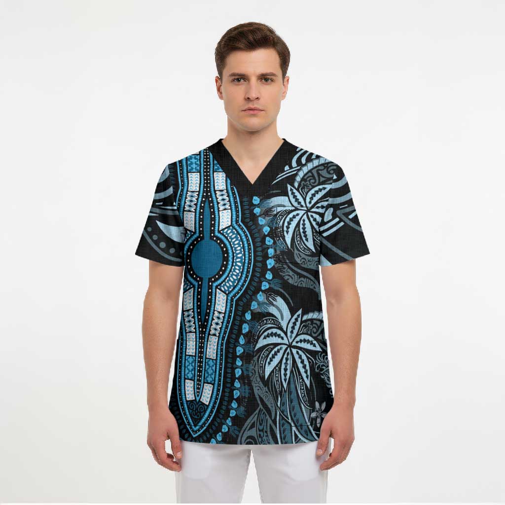 Polynesia Mixed African Dashiki Scrub Top Afro-pacific Culture - Blue