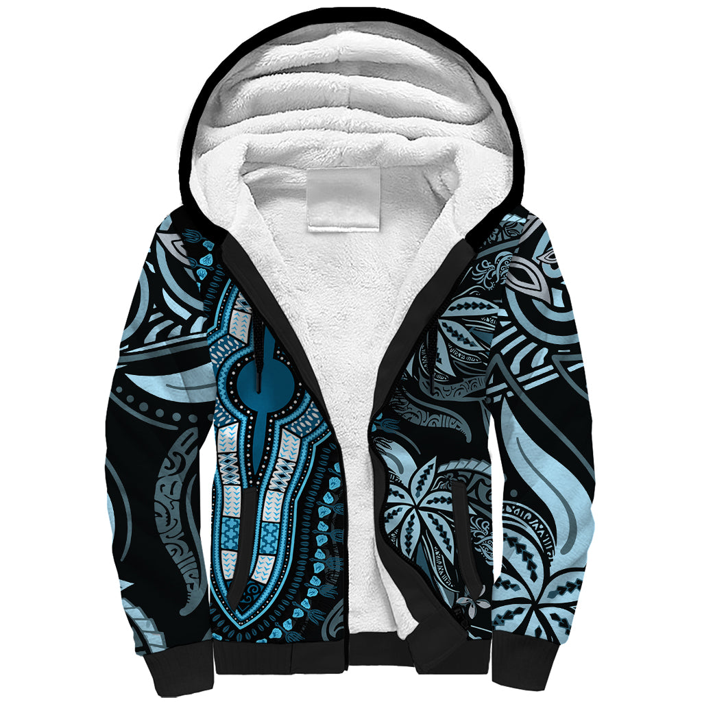 Polynesia Dashiki Sherpa Hoodie Polynesia and Africa Traditional Special Together Blue - Wonder Print Shop