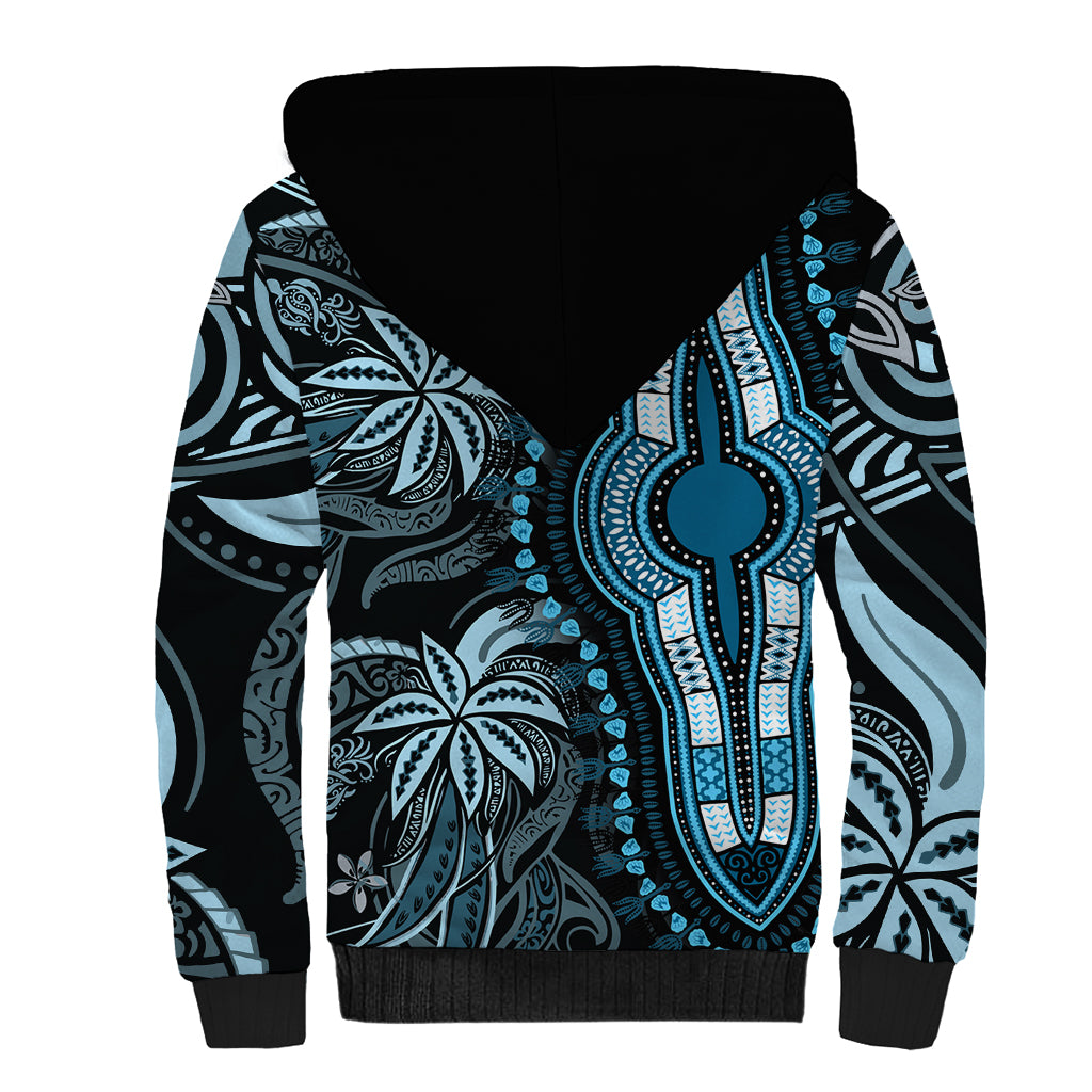 Polynesia Dashiki Sherpa Hoodie Polynesia and Africa Traditional Special Together Blue - Wonder Print Shop