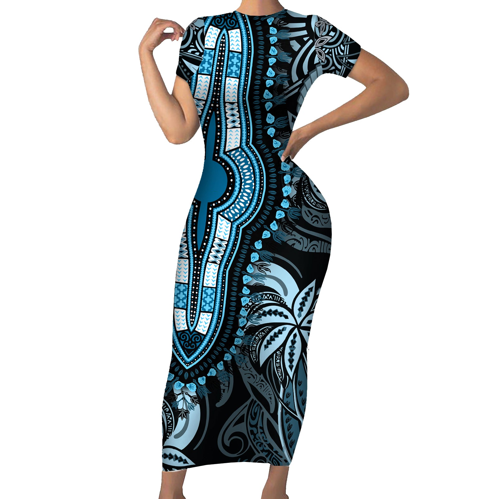 Polynesia Dashiki Short Sleeve Bodycon Dress Polynesia and Africa Traditional Special Together Blue - Wonder Print Shop