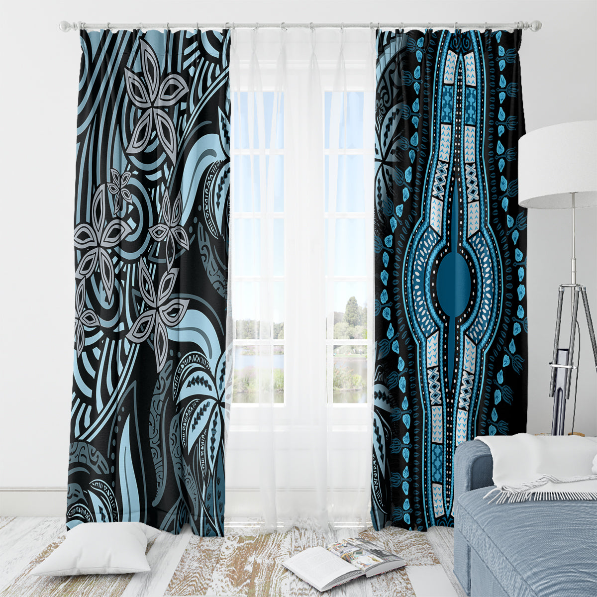 Polynesia Dashiki Window Curtain Polynesia and Africa Traditional Special Together Blue - Wonder Print Shop