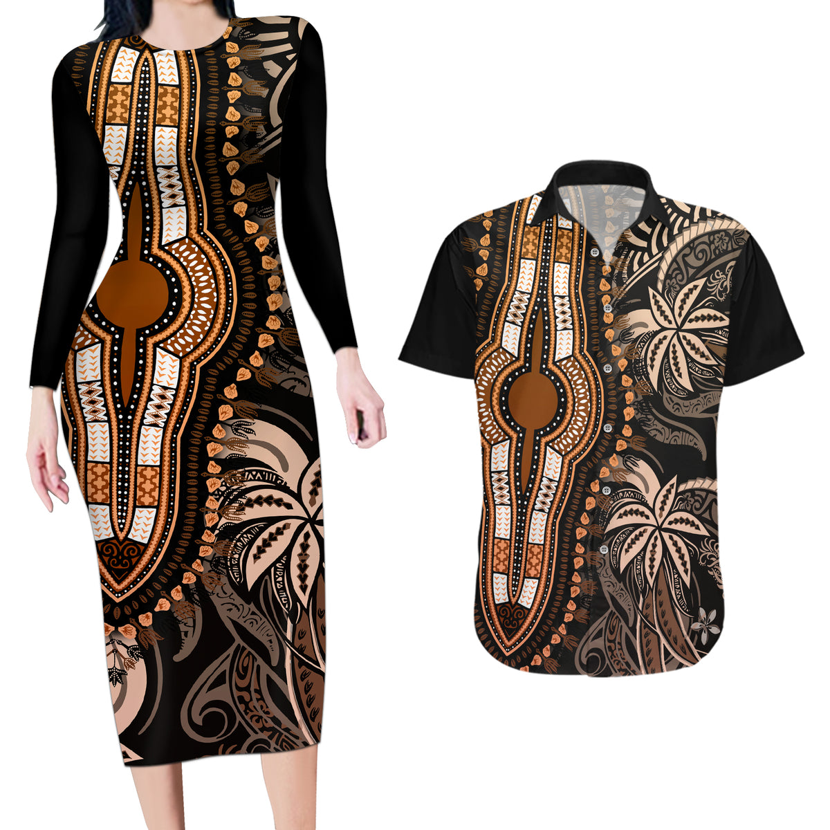 Polynesia Dashiki Couples Matching Long Sleeve Bodycon Dress and Hawaiian Shirt Polynesia and Africa Traditional Special Together Gold LT9 - Wonder Print Shop