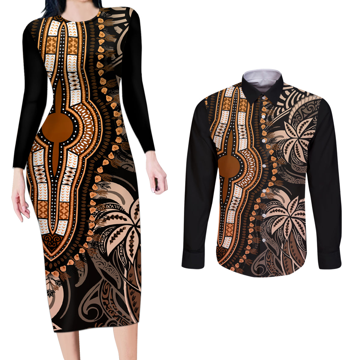 Polynesia Dashiki Couples Matching Long Sleeve Bodycon Dress and Long Sleeve Button Shirts Polynesia and Africa Traditional Special Together Gold LT9 - Wonder Print Shop