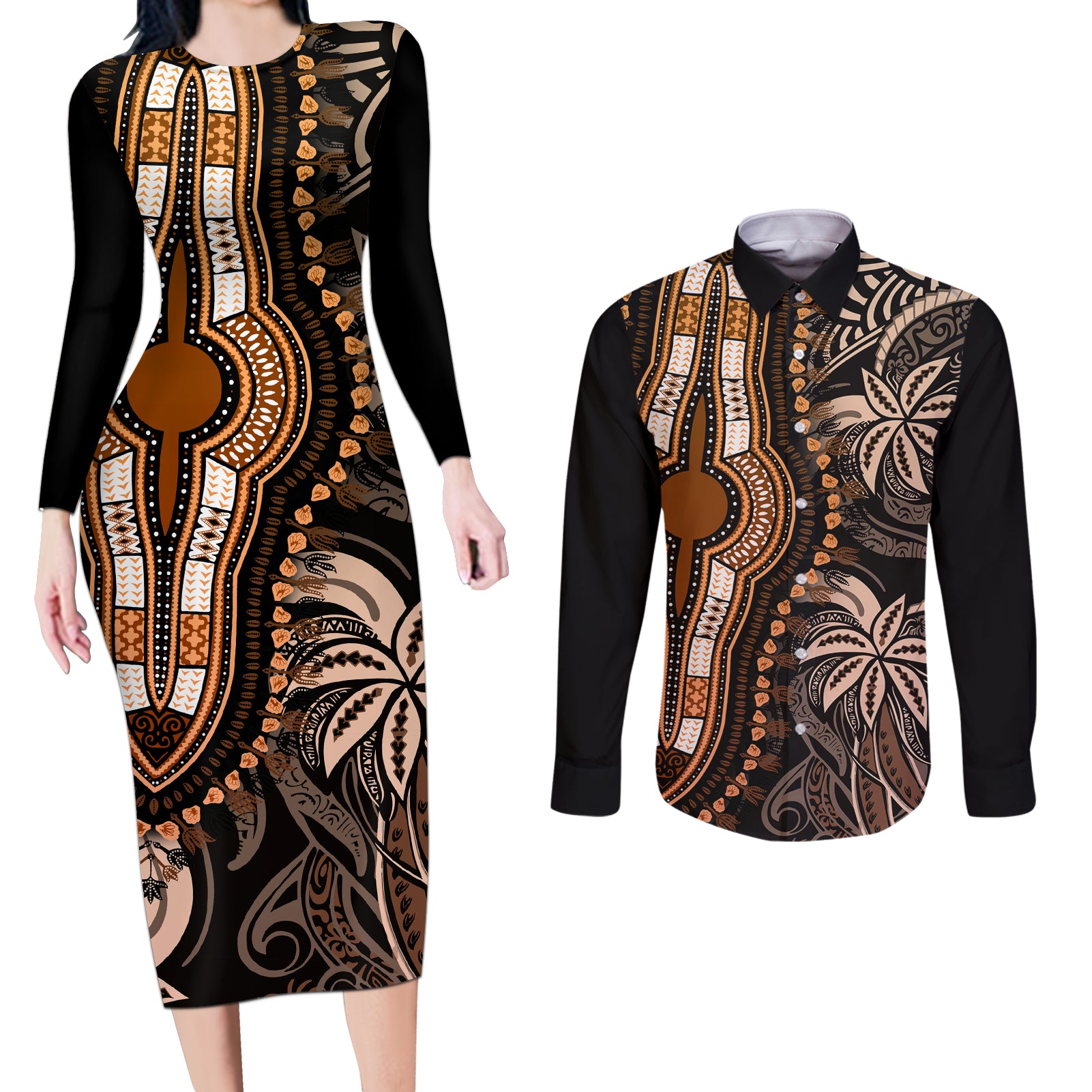 Polynesia Dashiki Couples Matching Long Sleeve Bodycon Dress and Long Sleeve Button Shirts Polynesia and Africa Traditional Special Together Gold LT9 - Wonder Print Shop