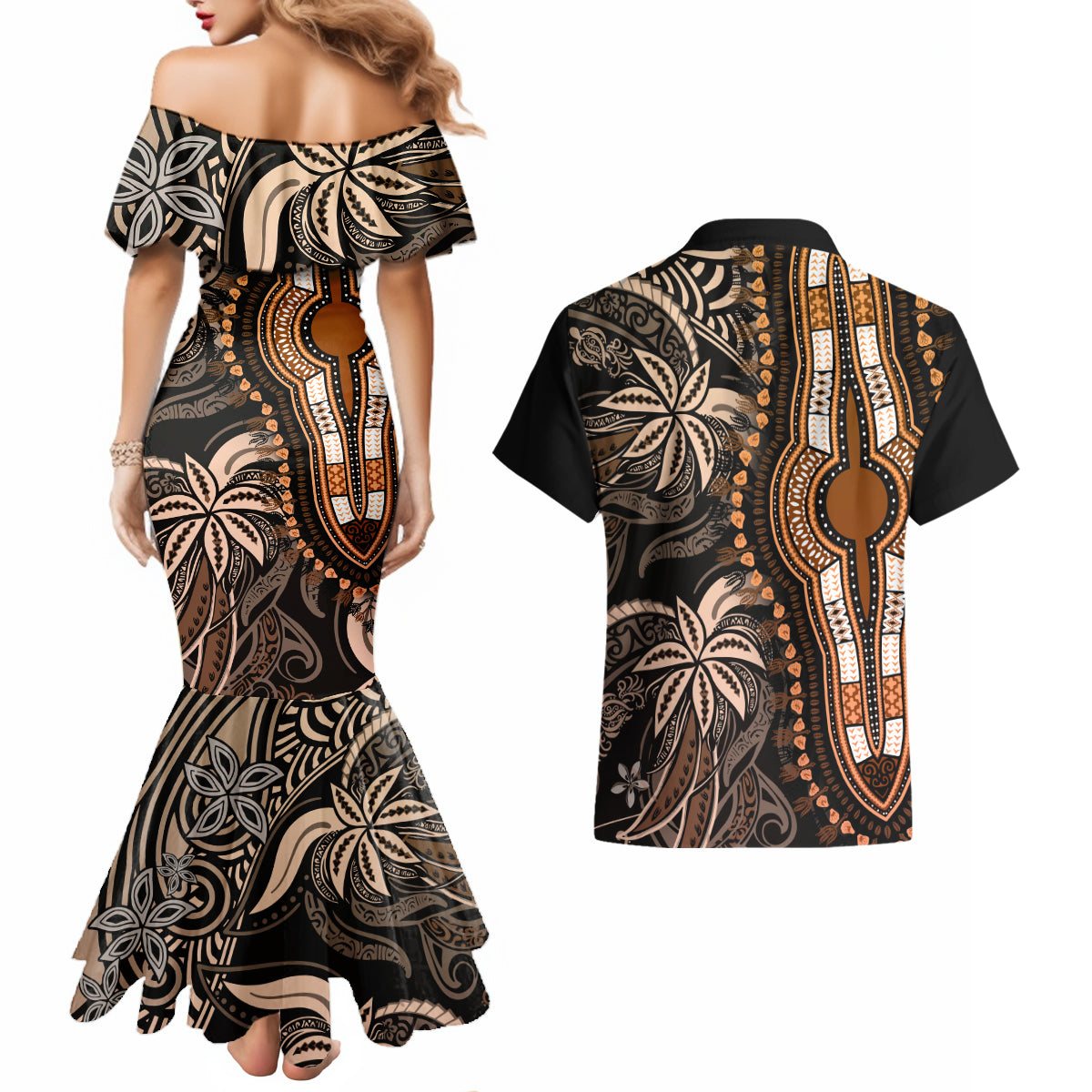 Polynesia Dashiki Couples Matching Mermaid Dress and Hawaiian Shirt Polynesia and Africa Traditional Special Together Gold LT9 - Wonder Print Shop