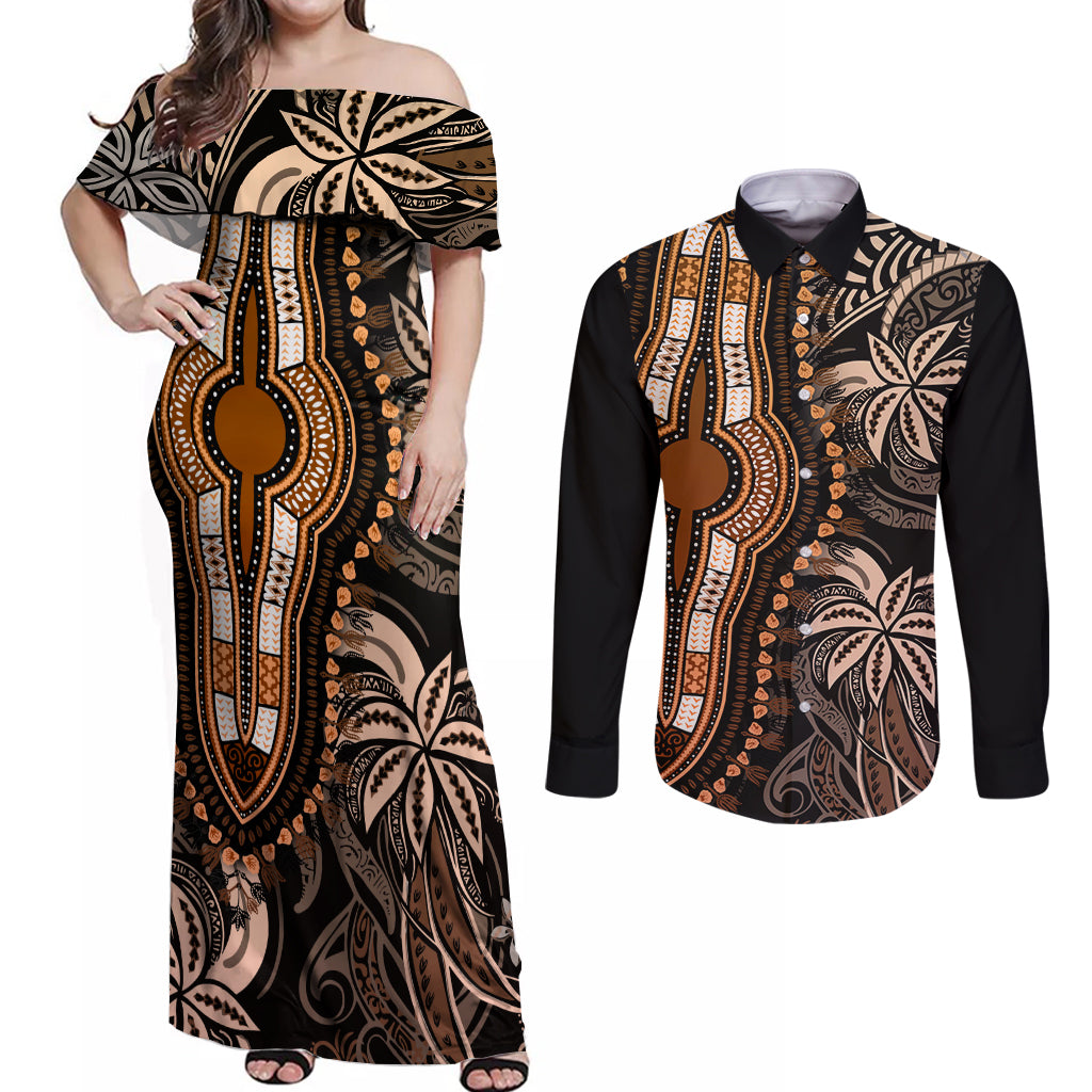 Polynesia Dashiki Couples Matching Off Shoulder Maxi Dress and Long Sleeve Button Shirts Polynesia and Africa Traditional Special Together Gold LT9 - Wonder Print Shop