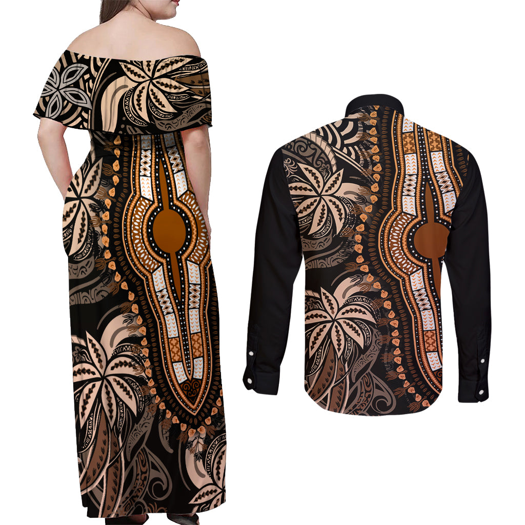 Polynesia Dashiki Couples Matching Off Shoulder Maxi Dress and Long Sleeve Button Shirts Polynesia and Africa Traditional Special Together Gold LT9 - Wonder Print Shop