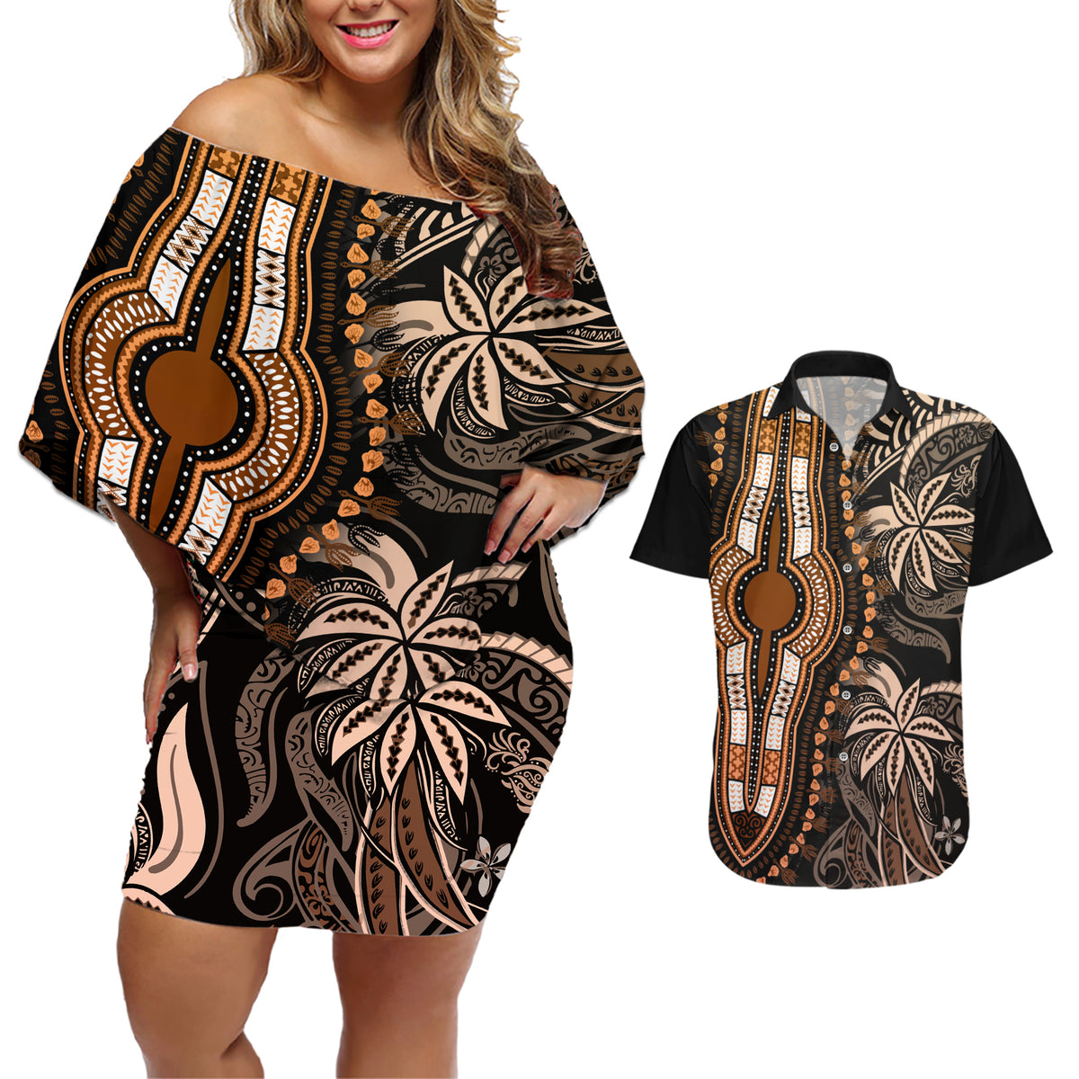 Polynesia Dashiki Couples Matching Off Shoulder Short Dress and Hawaiian Shirt Polynesia and Africa Traditional Special Together Gold LT9 - Wonder Print Shop
