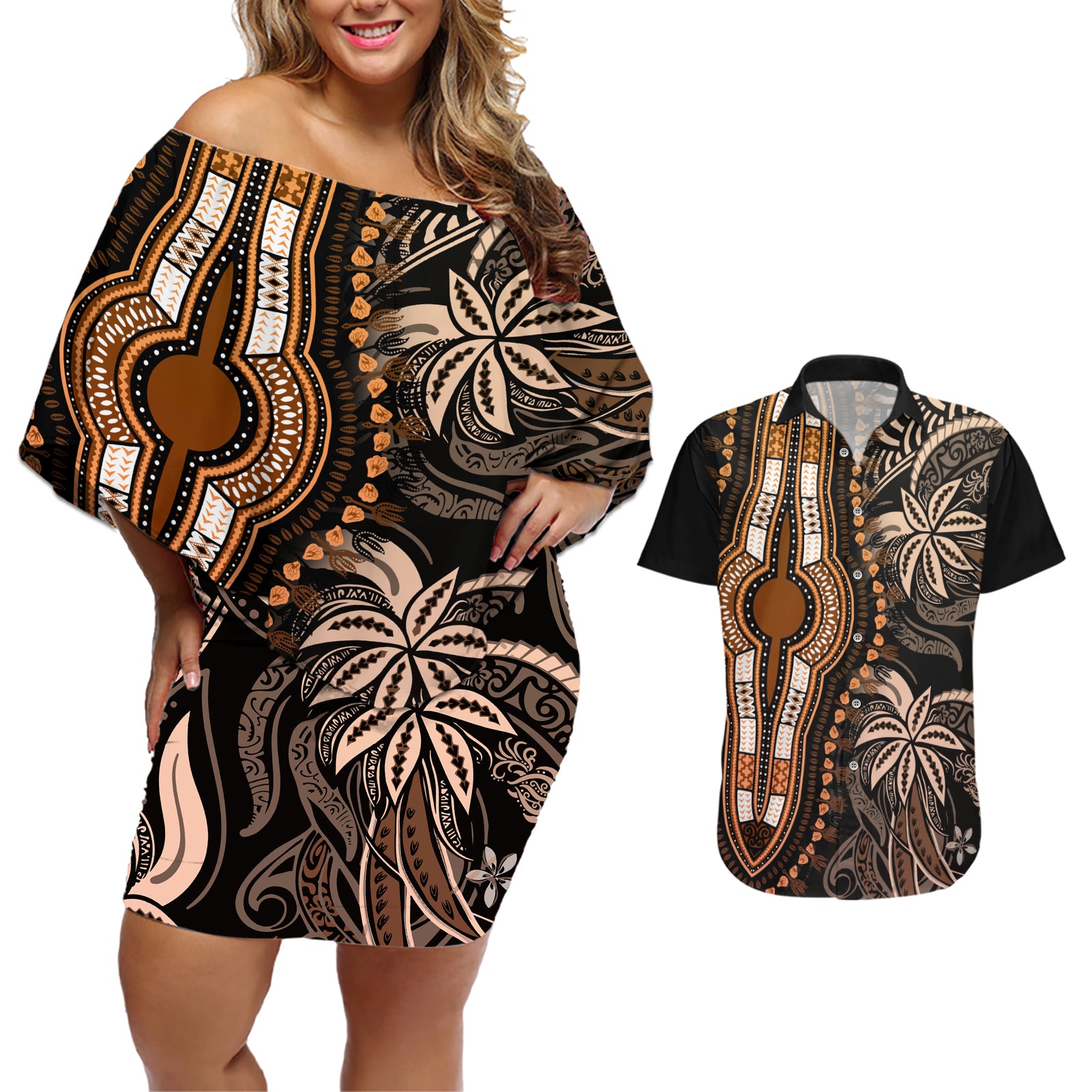Polynesia Dashiki Couples Matching Off Shoulder Short Dress and Hawaiian Shirt Polynesia and Africa Traditional Special Together Gold LT9 - Wonder Print Shop