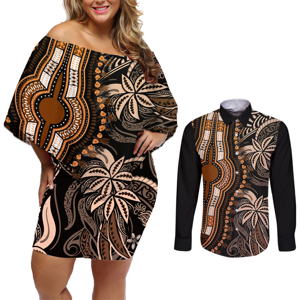 Polynesia Dashiki Couples Matching Off Shoulder Short Dress and Long Sleeve Button Shirts Polynesia and Africa Traditional Special Together Gold LT9 - Wonder Print Shop