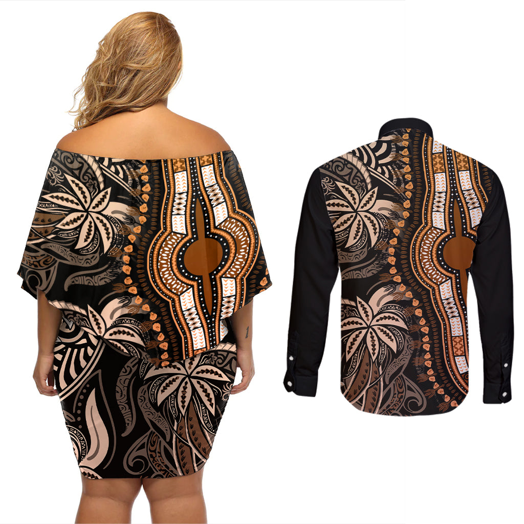 Polynesia Dashiki Couples Matching Off Shoulder Short Dress and Long Sleeve Button Shirts Polynesia and Africa Traditional Special Together Gold LT9 - Wonder Print Shop