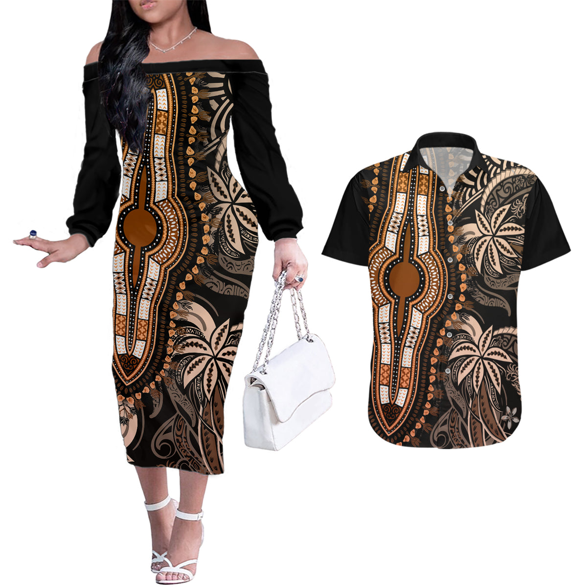 Polynesia Dashiki Couples Matching Off The Shoulder Long Sleeve Dress and Hawaiian Shirt Polynesia and Africa Traditional Special Together Gold LT9 - Wonder Print Shop