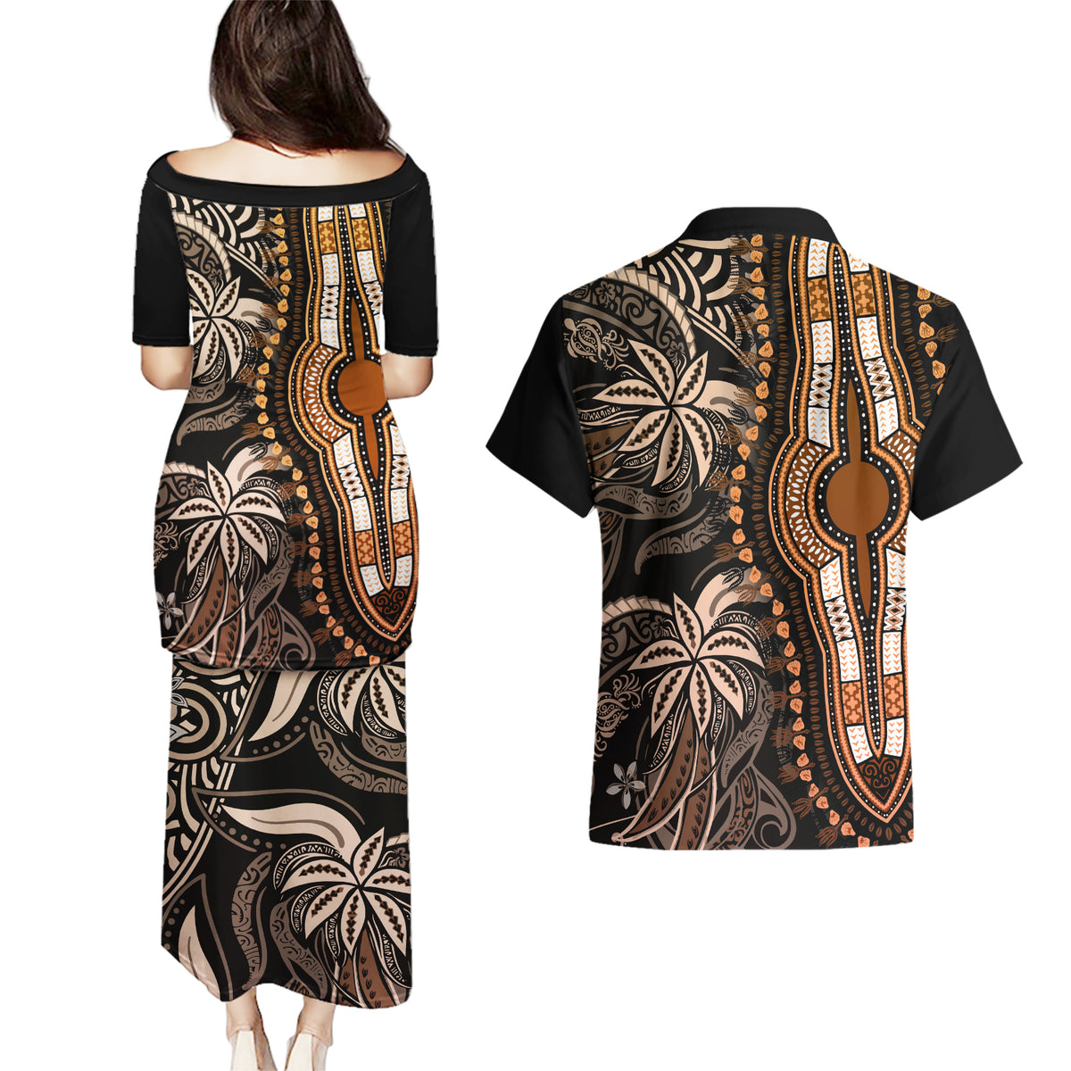 Polynesia Dashiki Couples Matching Puletasi Dress and Hawaiian Shirt Polynesia and Africa Traditional Special Together Gold LT9 - Wonder Print Shop