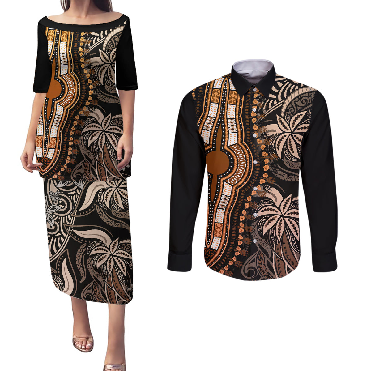 Polynesia Dashiki Couples Matching Puletasi Dress and Long Sleeve Button Shirts Polynesia and Africa Traditional Special Together Gold LT9 - Wonder Print Shop