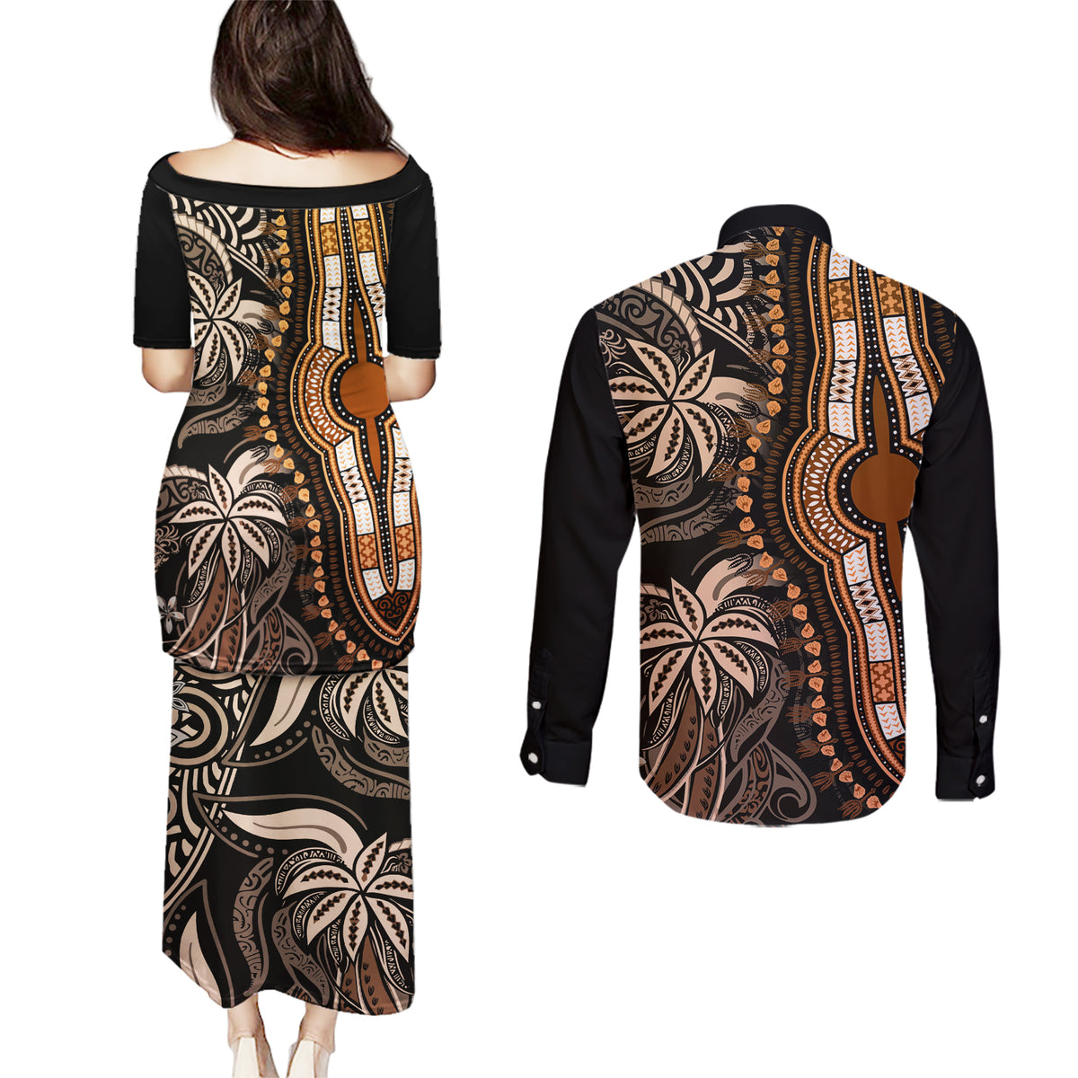 Polynesia Dashiki Couples Matching Puletasi Dress and Long Sleeve Button Shirts Polynesia and Africa Traditional Special Together Gold LT9 - Wonder Print Shop