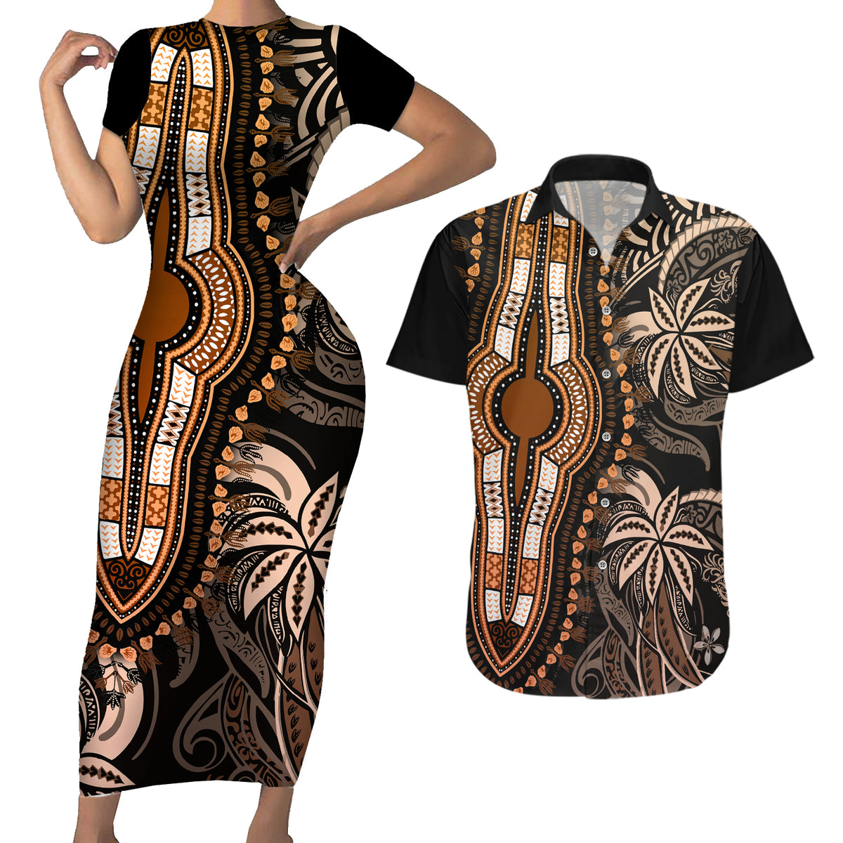 Polynesia Dashiki Couples Matching Short Sleeve Bodycon Dress and Hawaiian Shirt Polynesia and Africa Traditional Special Together Gold LT9 - Wonder Print Shop