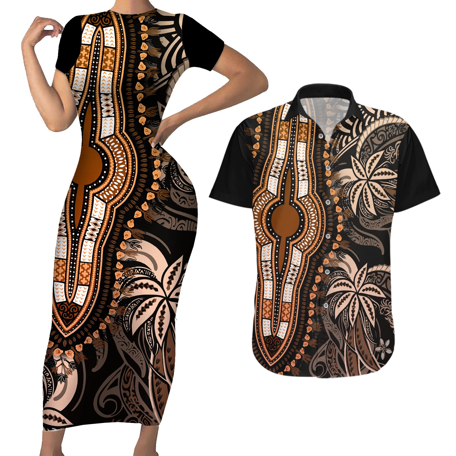 Polynesia Dashiki Couples Matching Short Sleeve Bodycon Dress and Hawaiian Shirt Polynesia and Africa Traditional Special Together Gold LT9 - Wonder Print Shop