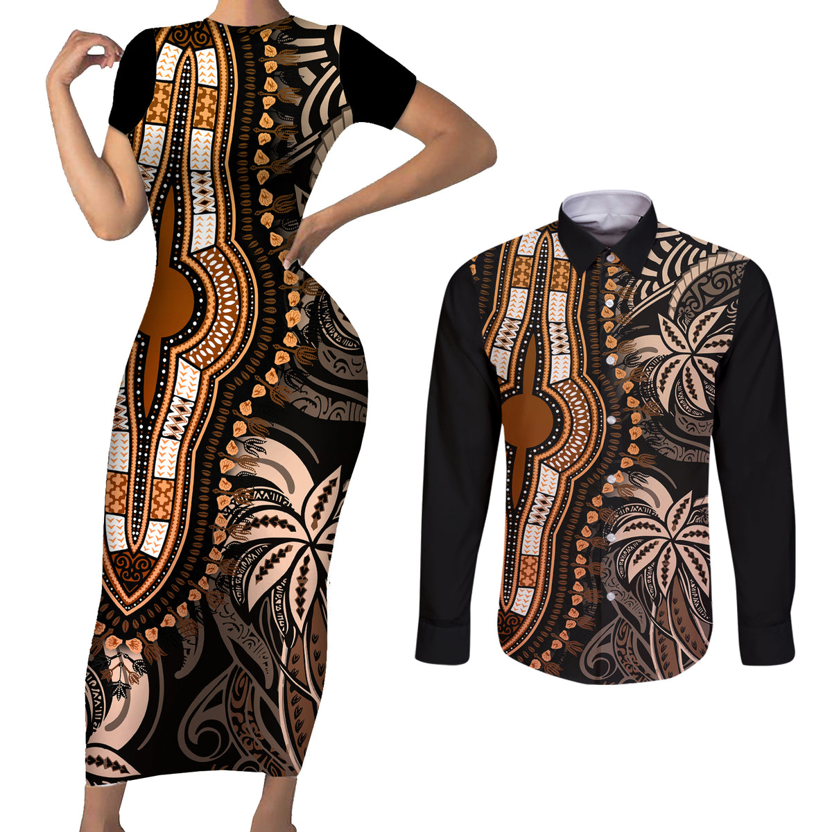 Polynesia Dashiki Couples Matching Short Sleeve Bodycon Dress and Long Sleeve Button Shirts Polynesia and Africa Traditional Special Together Gold LT9 - Wonder Print Shop