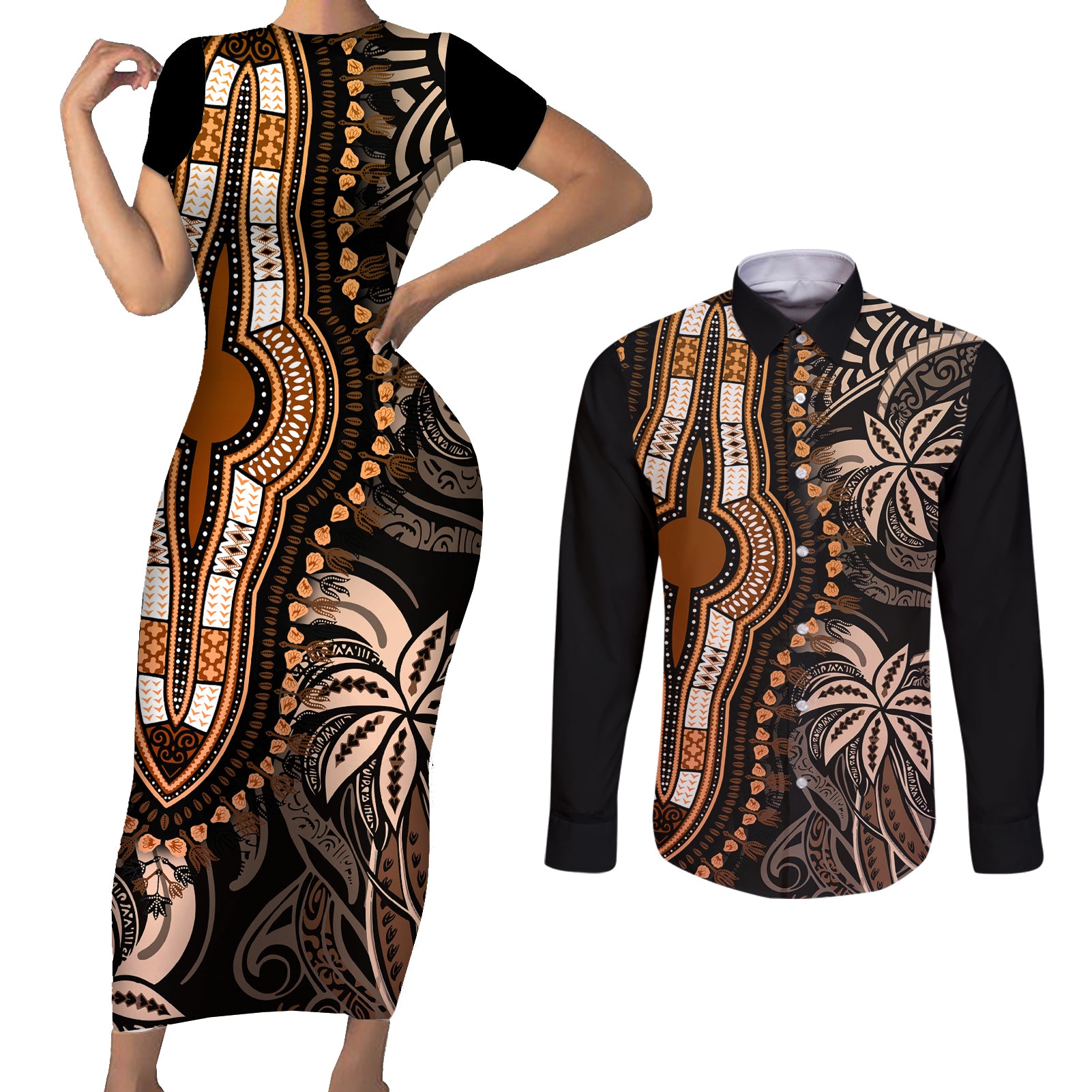 Polynesia Dashiki Couples Matching Short Sleeve Bodycon Dress and Long Sleeve Button Shirts Polynesia and Africa Traditional Special Together Gold LT9 - Wonder Print Shop