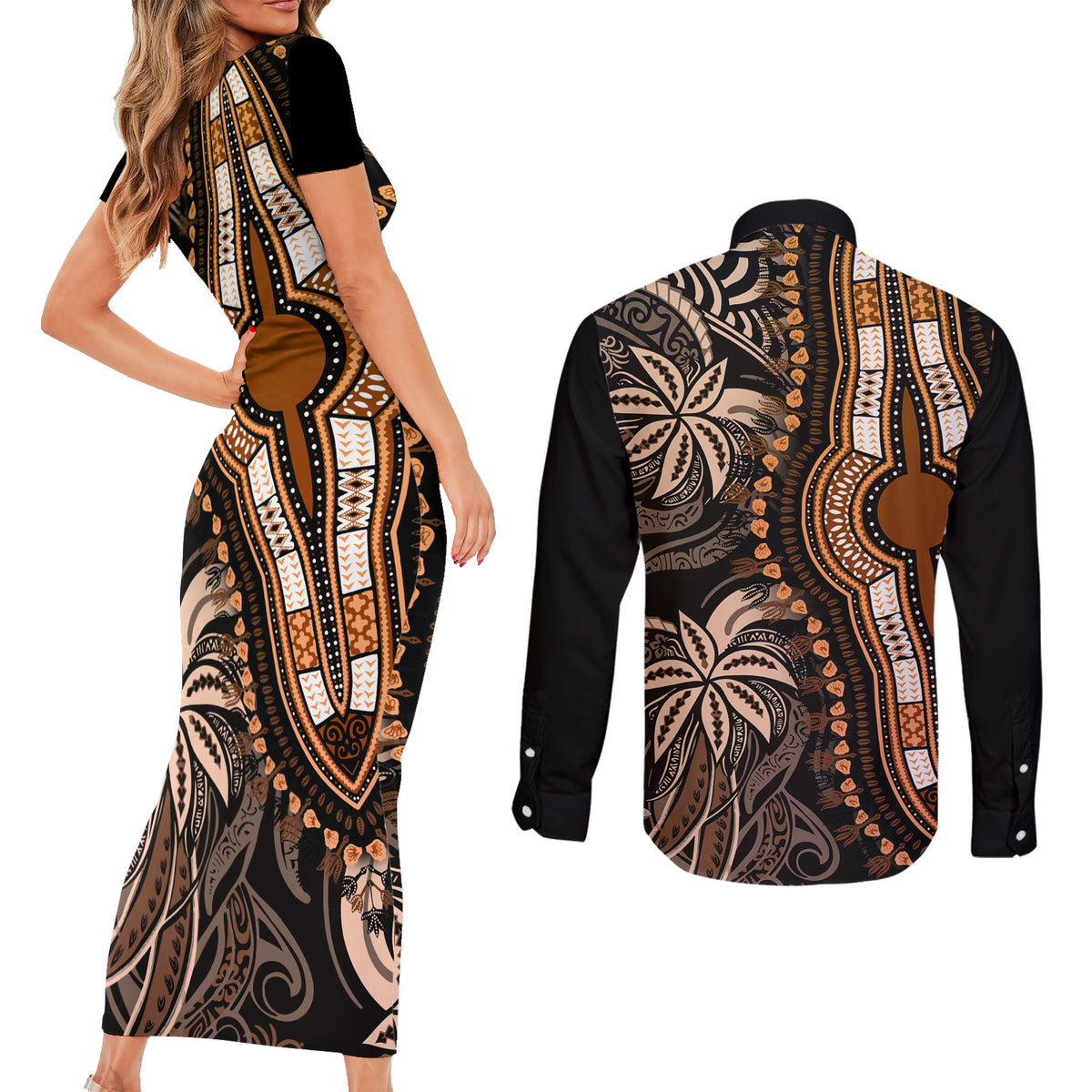 Polynesia Dashiki Couples Matching Short Sleeve Bodycon Dress and Long Sleeve Button Shirts Polynesia and Africa Traditional Special Together Gold LT9 - Wonder Print Shop
