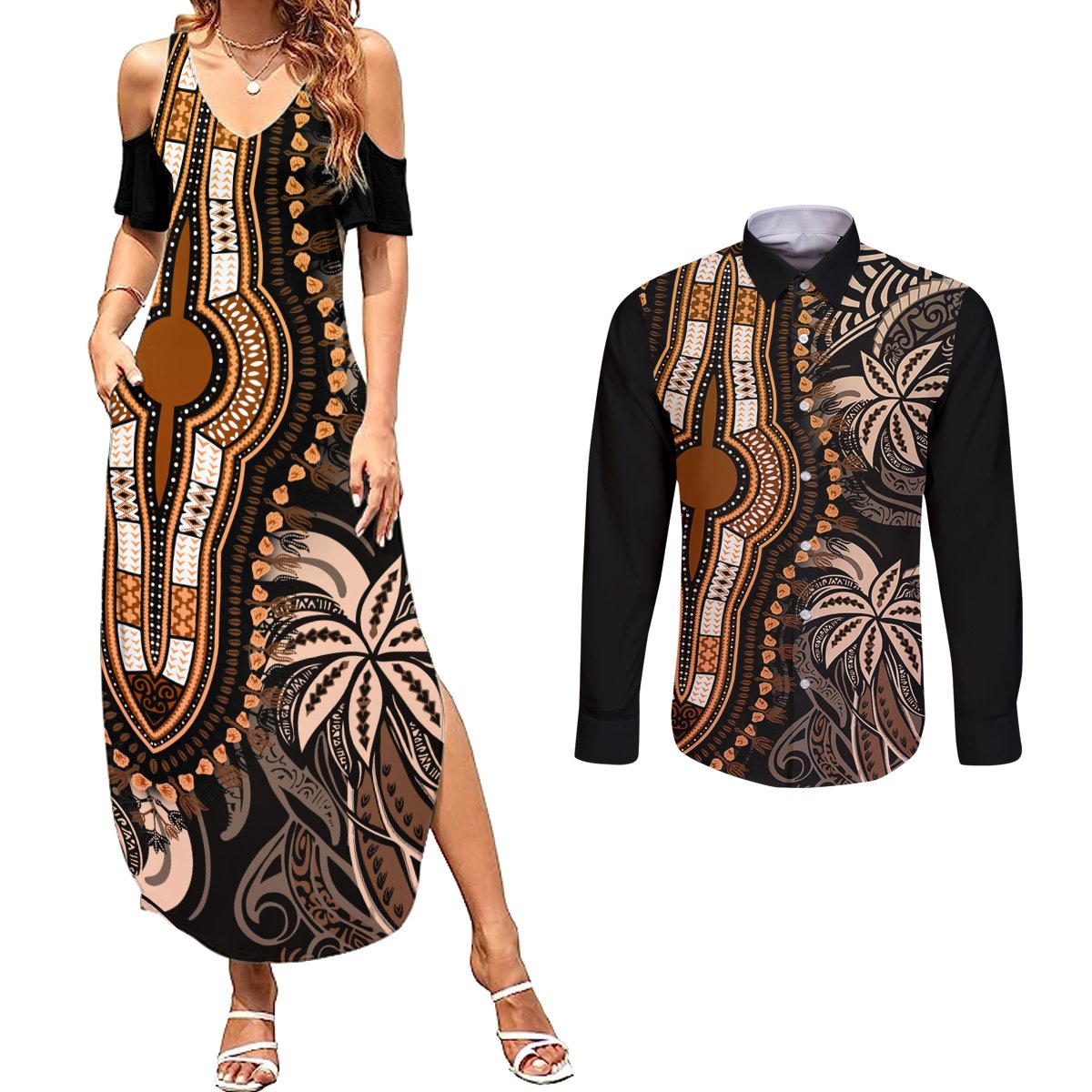 Polynesia Dashiki Couples Matching Summer Maxi Dress and Long Sleeve Button Shirts Polynesia and Africa Traditional Special Together Gold LT9 - Wonder Print Shop