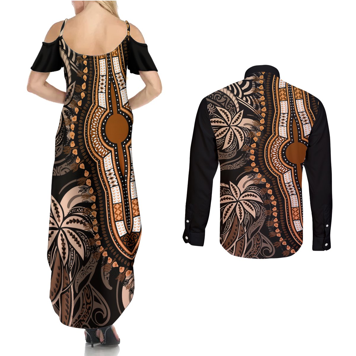 Polynesia Dashiki Couples Matching Summer Maxi Dress and Long Sleeve Button Shirts Polynesia and Africa Traditional Special Together Gold LT9 - Wonder Print Shop