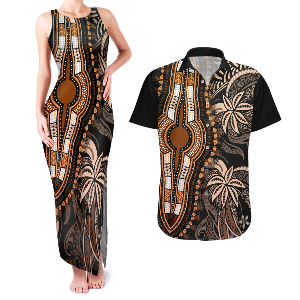 Polynesia Dashiki Couples Matching Tank Maxi Dress and Hawaiian Shirt Polynesia and Africa Traditional Special Together Gold LT9 - Wonder Print Shop