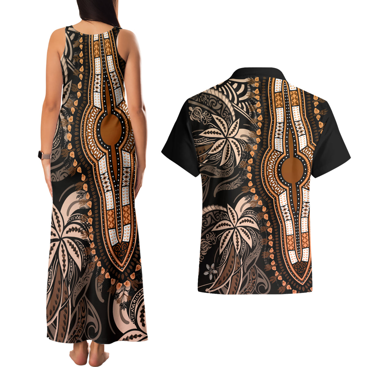 Polynesia Dashiki Couples Matching Tank Maxi Dress and Hawaiian Shirt Polynesia and Africa Traditional Special Together Gold LT9 - Wonder Print Shop