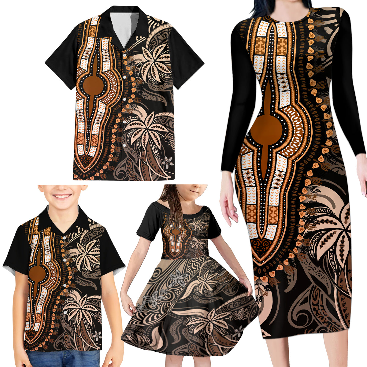 Polynesia Dashiki Family Matching Long Sleeve Bodycon Dress and Hawaiian Shirt Polynesia and Africa Traditional Special Together Gold LT9 - Wonder Print Shop