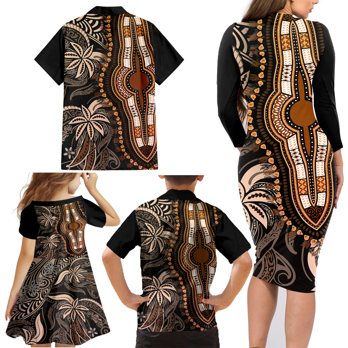 Polynesia Dashiki Family Matching Long Sleeve Bodycon Dress and Hawaiian Shirt Polynesia and Africa Traditional Special Together Gold LT9 - Wonder Print Shop