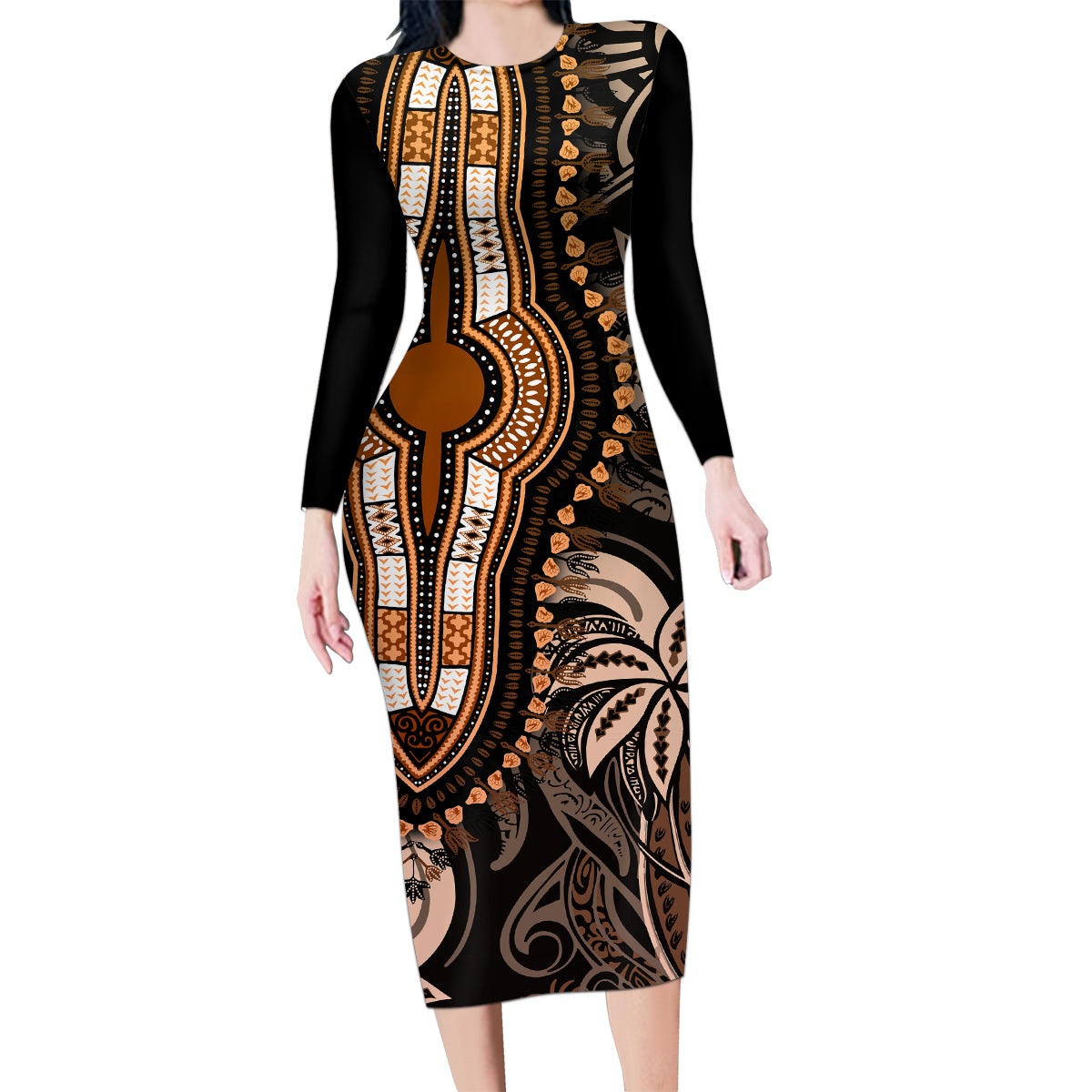 Polynesia Dashiki Family Matching Long Sleeve Bodycon Dress and Hawaiian Shirt Polynesia and Africa Traditional Special Together Gold LT9 - Wonder Print Shop