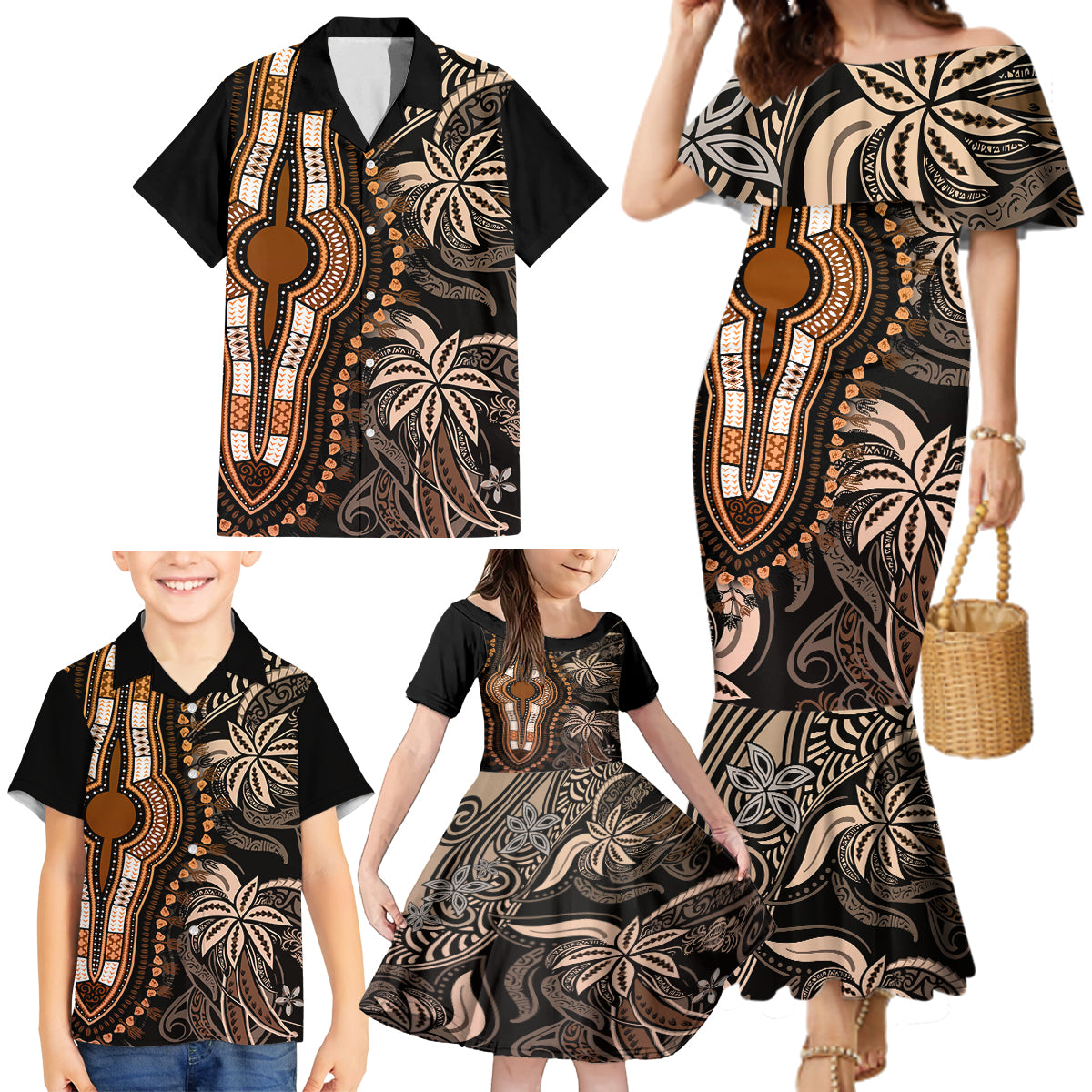 Polynesia Dashiki Family Matching Mermaid Dress and Hawaiian Shirt Polynesia and Africa Traditional Special Together Gold LT9 - Wonder Print Shop