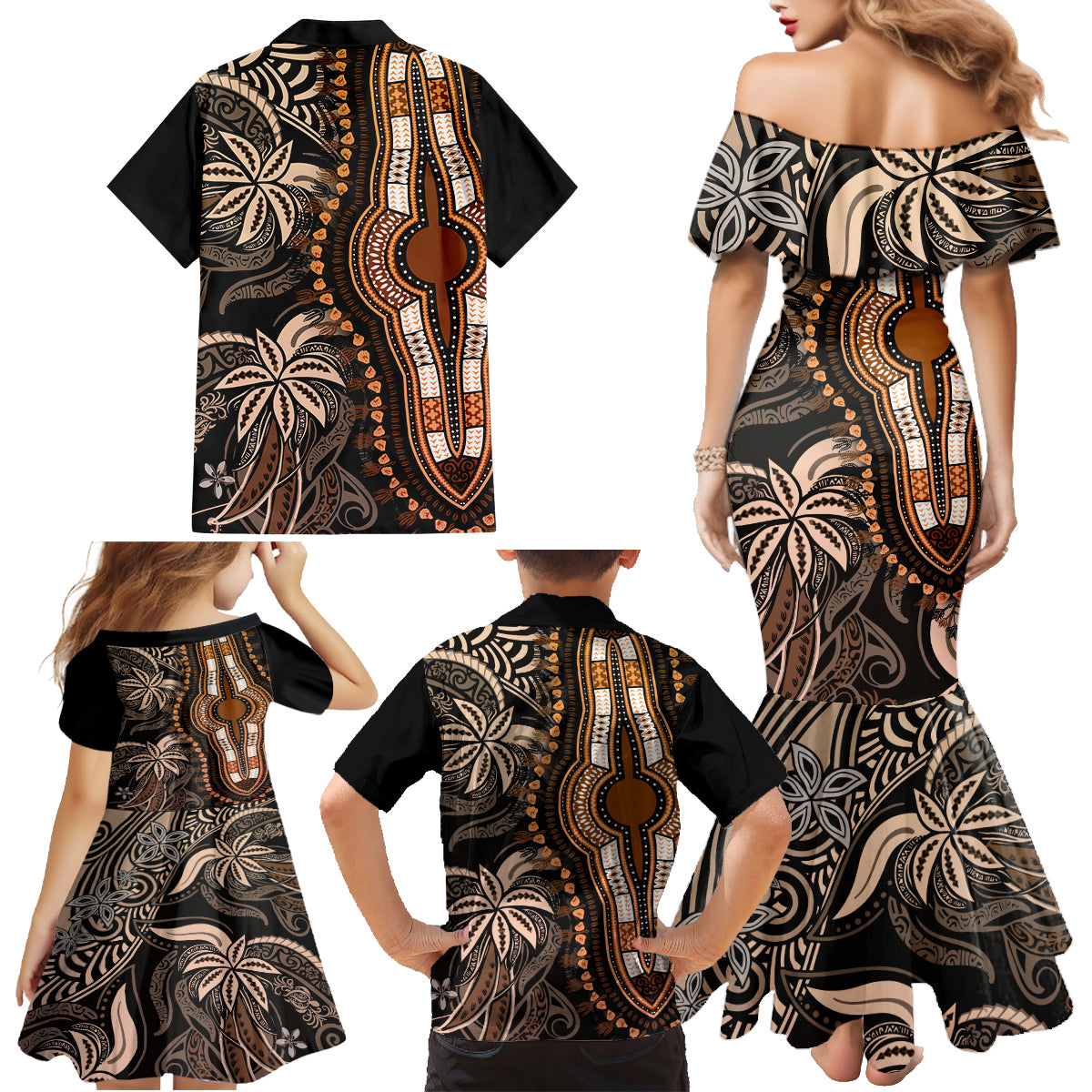 Polynesia Dashiki Family Matching Mermaid Dress and Hawaiian Shirt Polynesia and Africa Traditional Special Together Gold LT9 - Wonder Print Shop