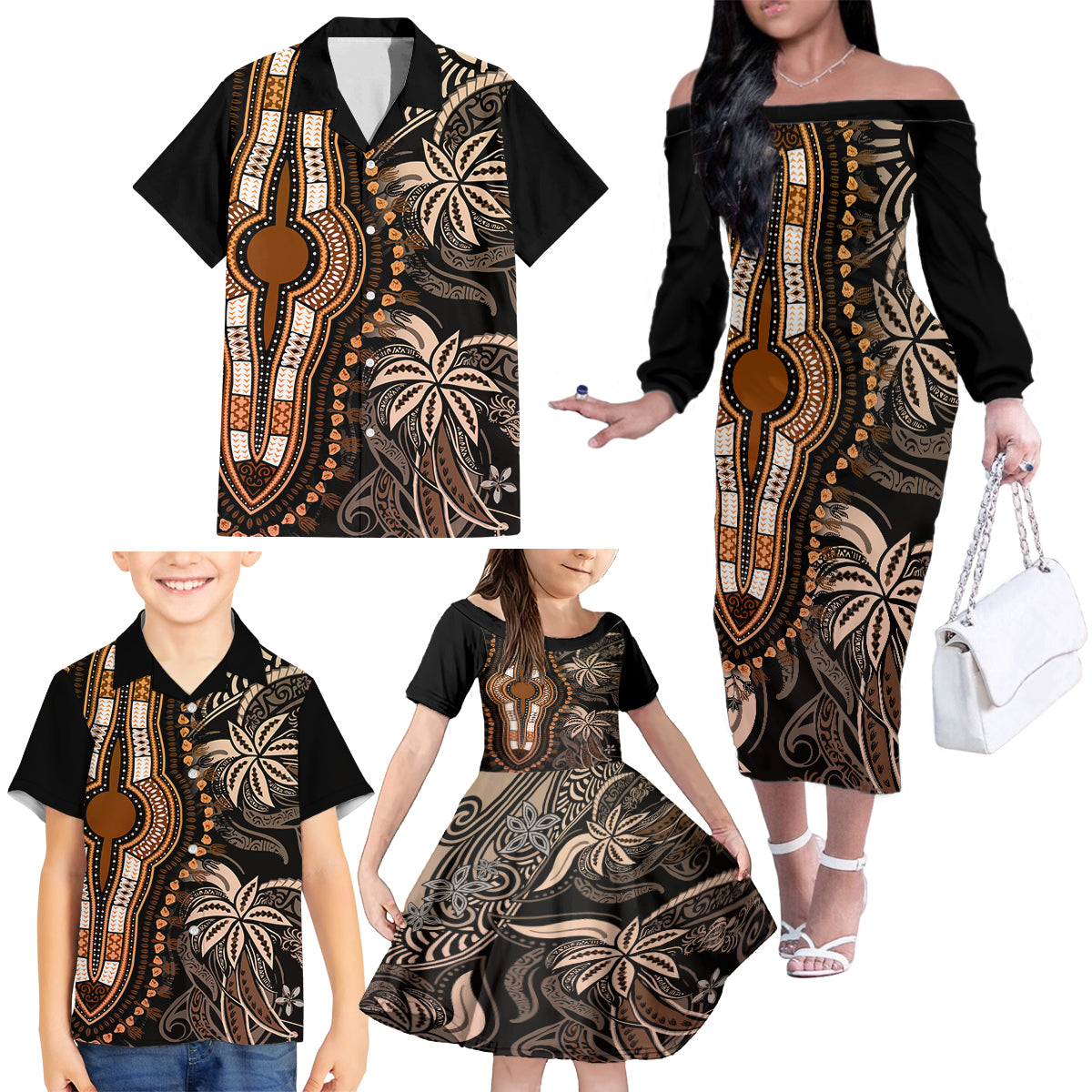 Polynesia Dashiki Family Matching Off Shoulder Long Sleeve Dress and Hawaiian Shirt Polynesia and Africa Traditional Special Together Gold - Wonder Print Shop