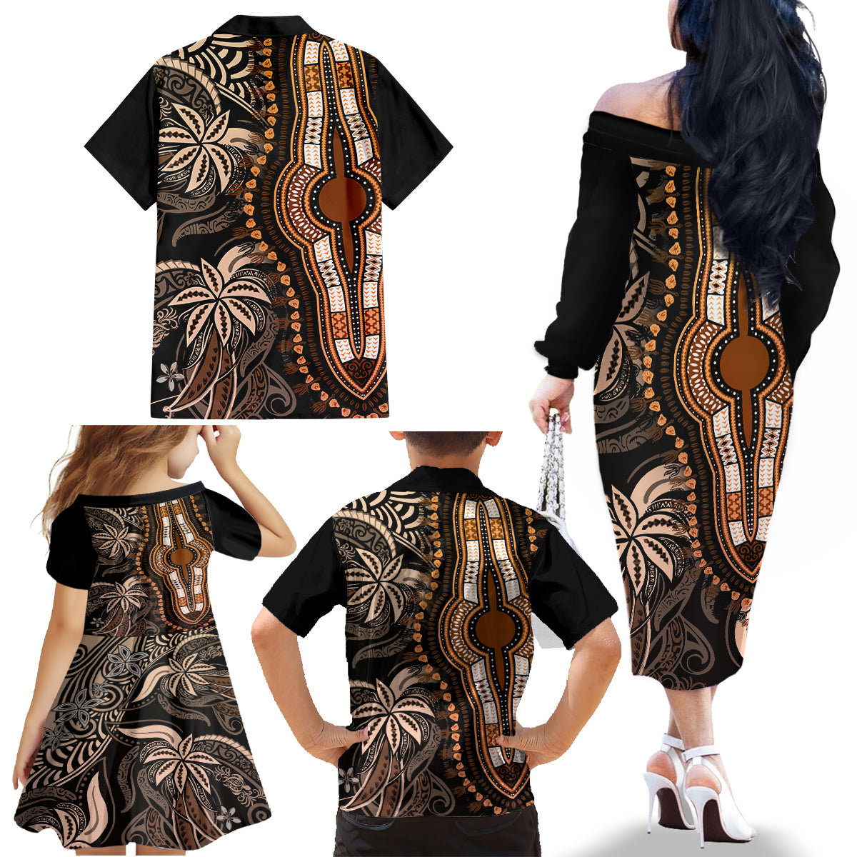 Polynesia Dashiki Family Matching Off Shoulder Long Sleeve Dress and Hawaiian Shirt Polynesia and Africa Traditional Special Together Gold - Wonder Print Shop