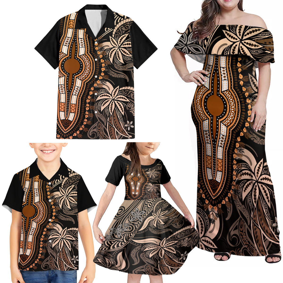 Polynesia Dashiki Family Matching Off Shoulder Maxi Dress and Hawaiian Shirt Polynesia and Africa Traditional Special Together Gold LT9 - Wonder Print Shop