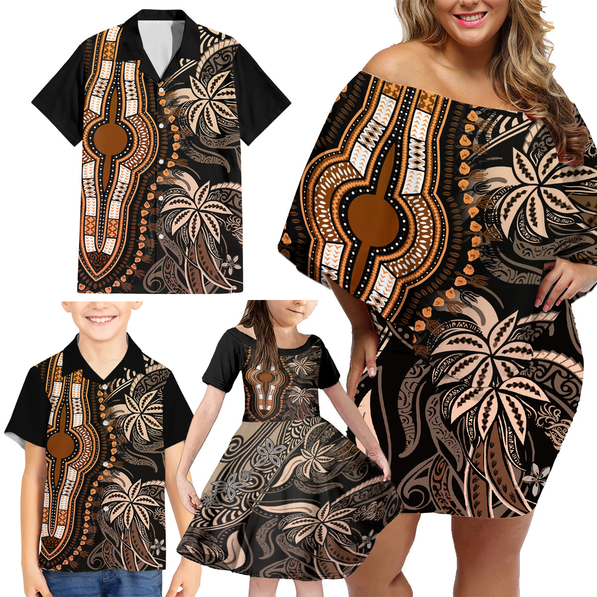 Polynesia Dashiki Family Matching Off Shoulder Short Dress and Hawaiian Shirt Polynesia and Africa Traditional Special Together Gold LT9 - Wonder Print Shop